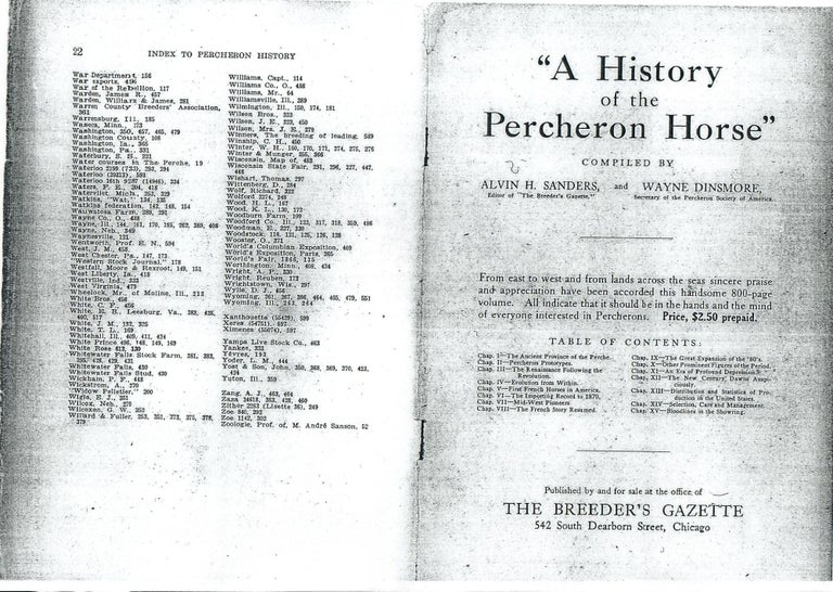 Item #15430 A Name Index to A History of the Percheron Horse [photocopy]. Alvin Howard Sanders, Wayne Dinsmore.