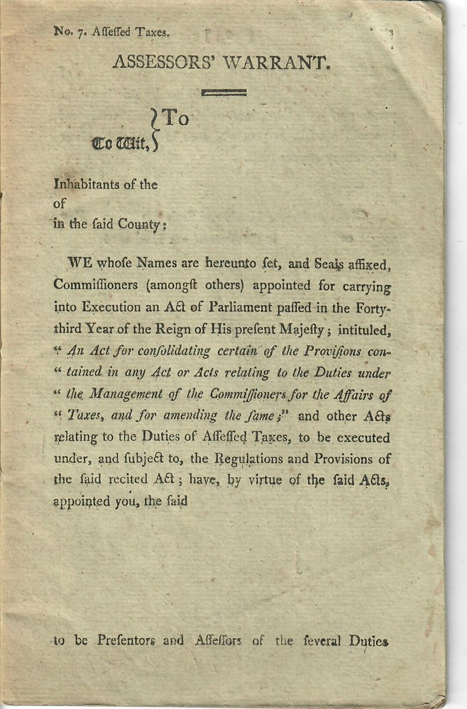 Item #16500 Assessors' Warrant [taxes on carriage horses and vehicles, 1814]. Great Britain. Unidentified tax office.