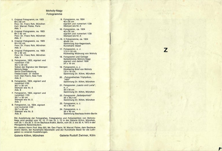 Item #25302 Laszlo Moholy-Nagy: Fotogramme. Galerie Klihm, Galerie Rudolf Zwirner, Laszlo Moholy-Nagy.