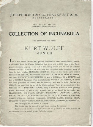 Item #26396 Collection of Incunabula; Will Sell by Auction October 1926, Part 1 of a Collection...