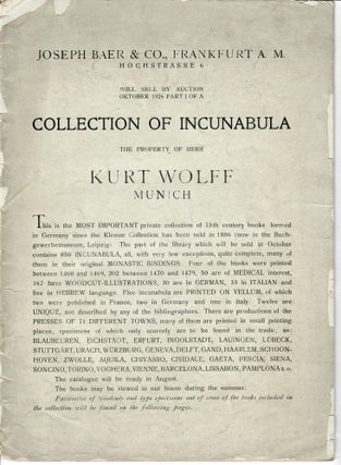 Item #26396 Collection of Incunabula; Will Sell by Auction October 1926 Part 1 of a Collection of...