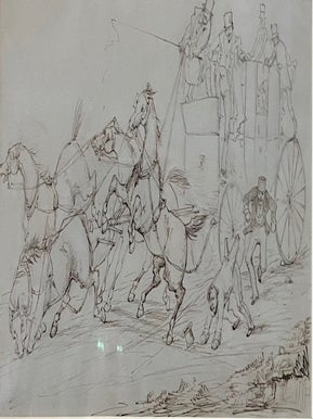 [Three Original Pen-and-Ink Drawings of Coaching and Hunting]