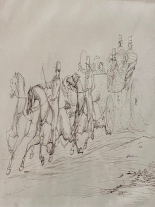 [Three Original Pen-and-Ink Drawings of Coaching and Hunting]