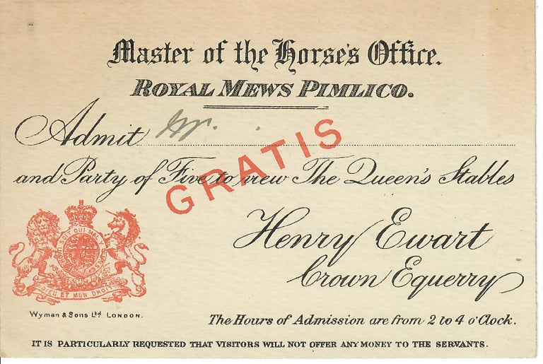 Item #30047 [Admission Ticket]. Pimlico Master of the Horse's Office. Royal Mews.