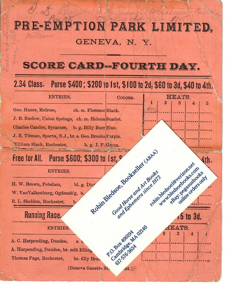 Item #30183 Score Card [harness and flat racing]. Geneva Pre-Emption Park, NY.