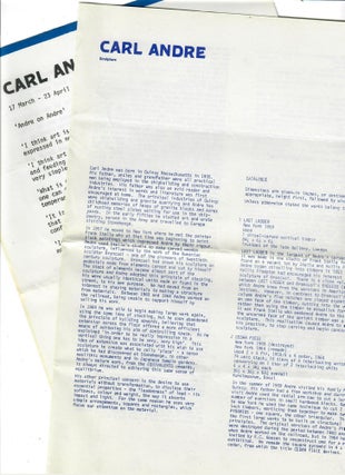 Item #30452 Carl Andre Sculpture checklist [and] 'Andre on Andre'. Whitechapel Art Gallery, Carl...