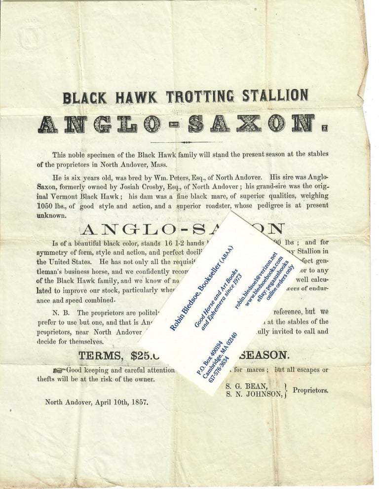 Item #30496 Black Hawk Trotting Stallion Anglo-Saxon [broadside]. No named author.
