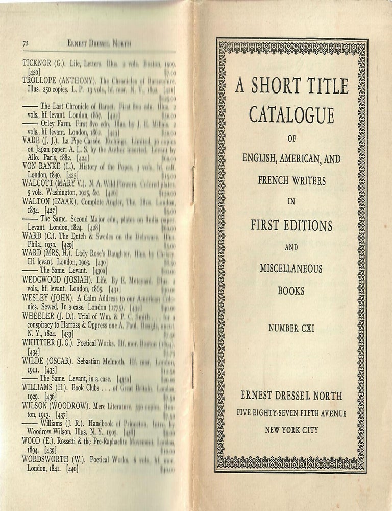 Item #31682 A Short-Title Catalogue of English, American, and French Writers in First Editions and Miscellaneous Books: Number CXI [111]. Ernest Dressel North.
