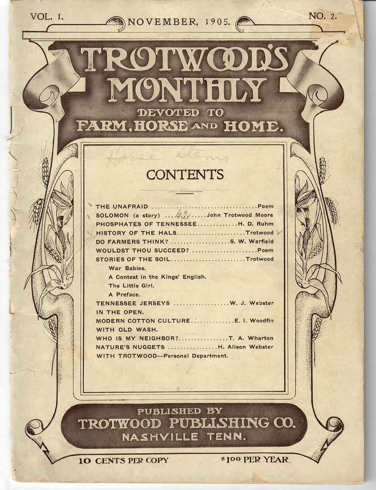 Item #31848 Trotwood's Monthly: November 1905; Devoted to Farm, Horse and Home. John Trotwood Moore, ed.