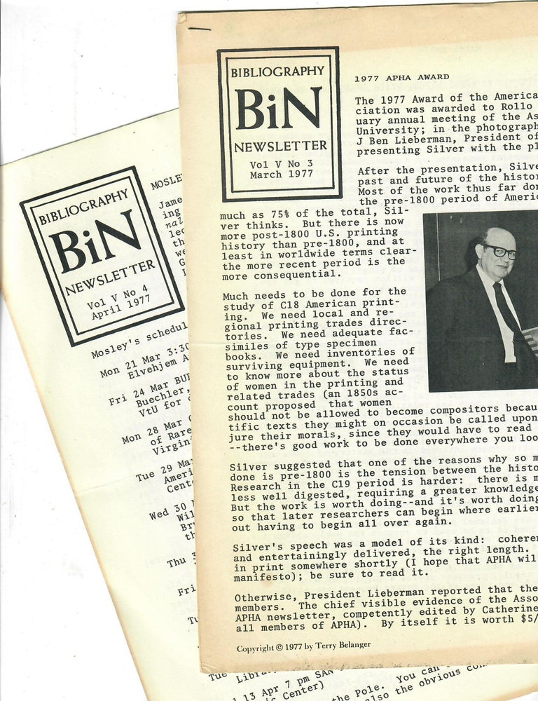 Item #31933 Bibliography Newsletter [BiN]: 2 assorted issues. Terry Belanger, ed.