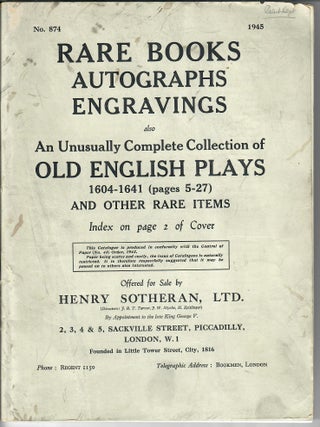 Item #32535 Catalogue 874: Rare Books Autographs Engravings; Also an Unusually Complete...