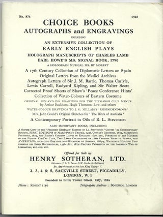 Catalogue 874: Rare Books Autographs Engravings; Also an Unusually Complete Collection of Old English Plays 1604-1641 [etc.]
