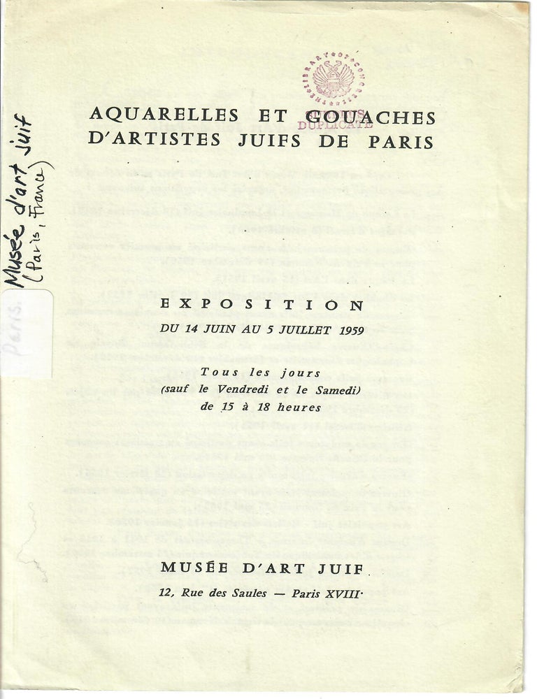 Item #32600 Aquarelles et Gouaches d'Artistes Juifs de Paris. Chil Aronson.